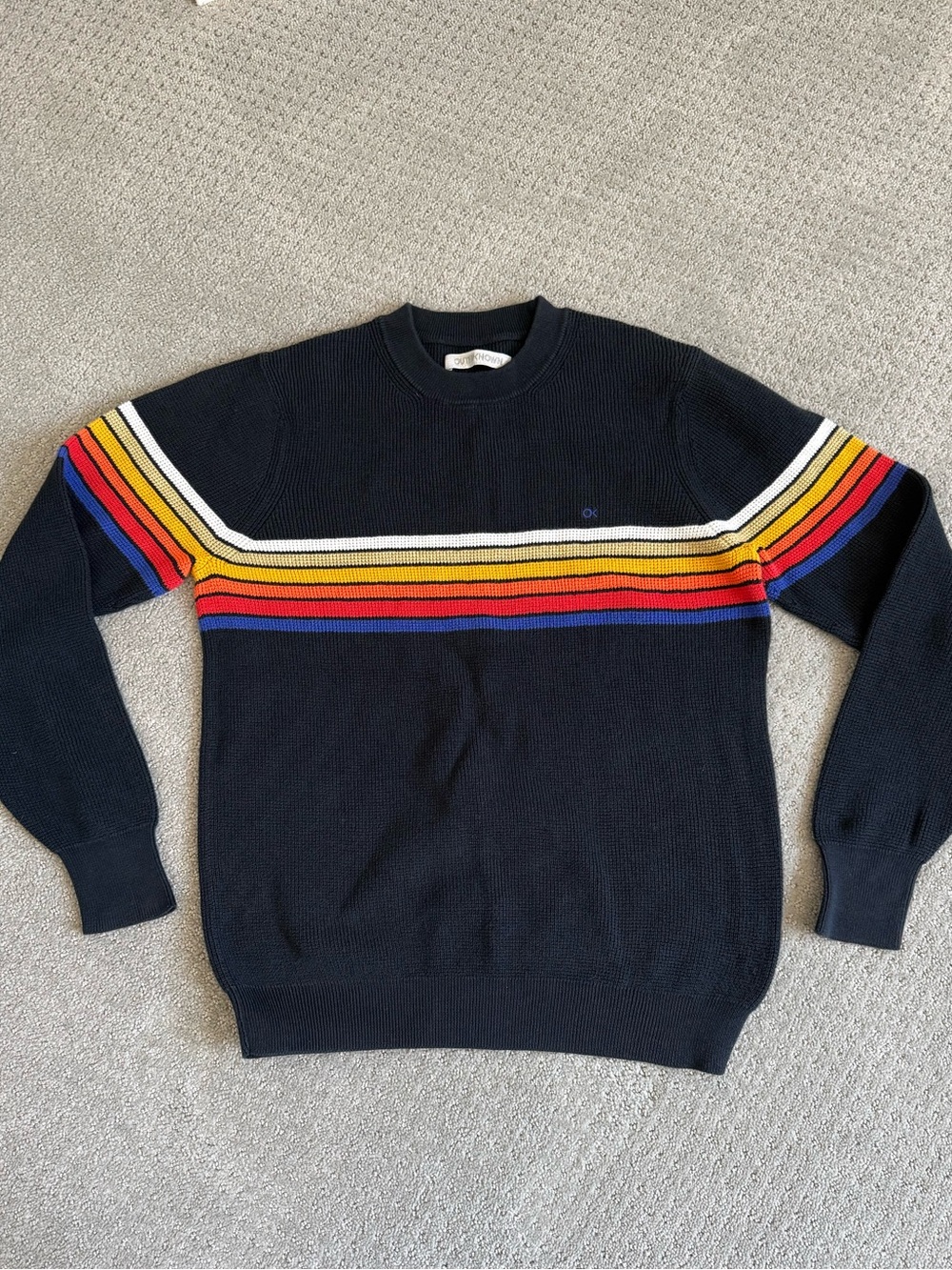 Outerknown Navy Crewneck Sweater with Red, Orange, Yellow, Cream & Blue Stripes